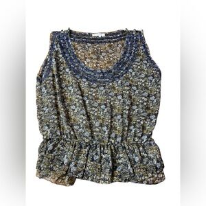 Costa Blanca Floral Sheer Peplum Blouse | Metallic Crochet Trim Boho Top - S